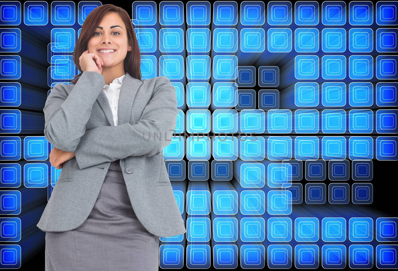 Smiling thoughtful businesswoman against abstract technology background