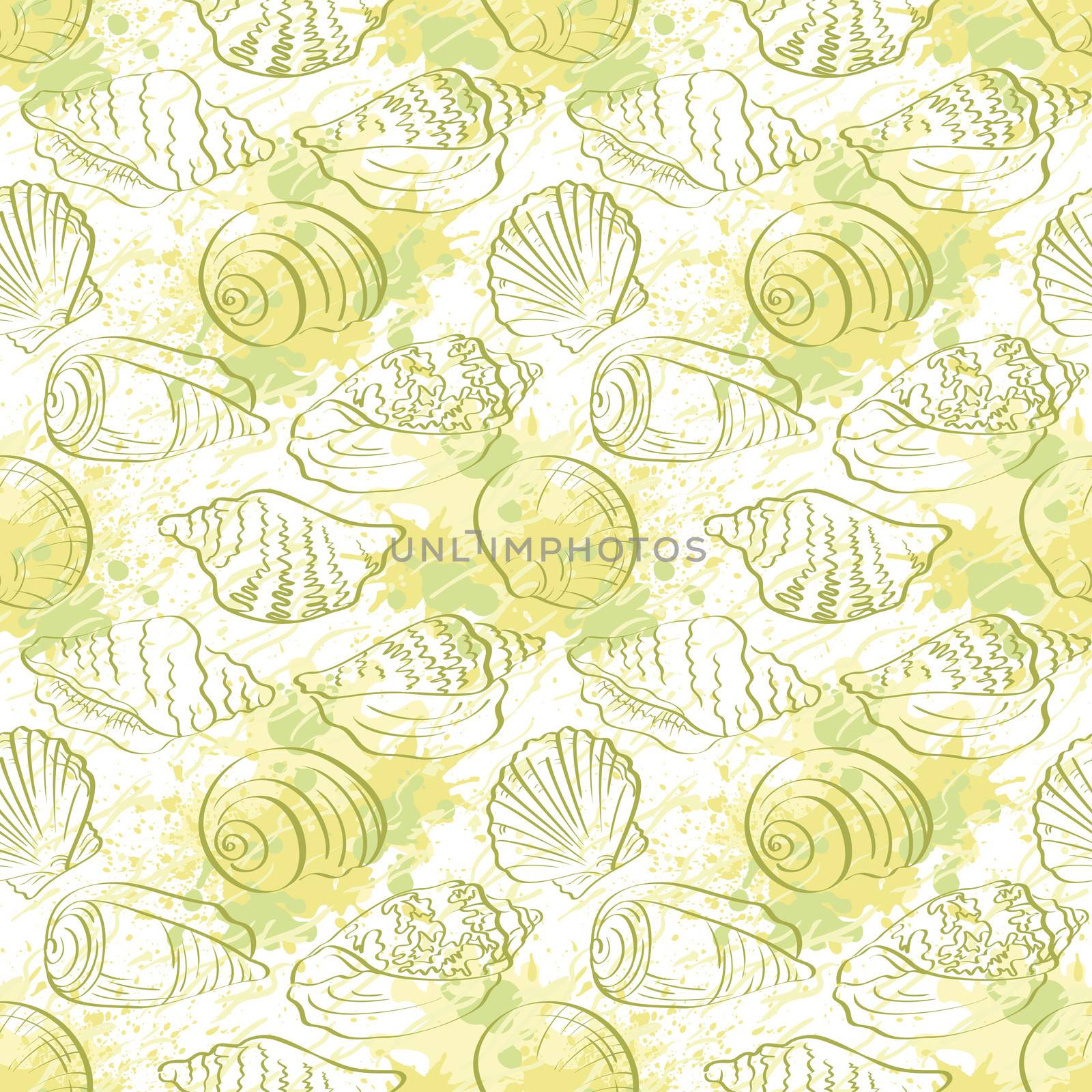 Seamless background, contour marine seashells and blots.