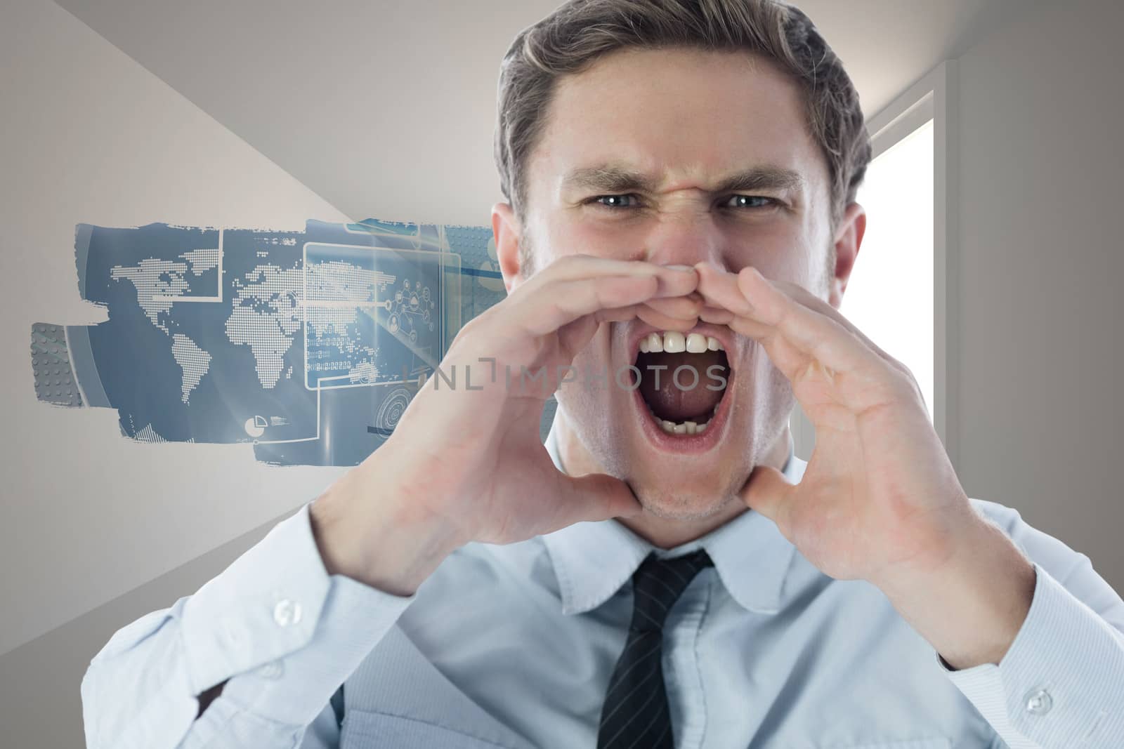 Angry businessman shouting against abstract screen in room showing technology interface