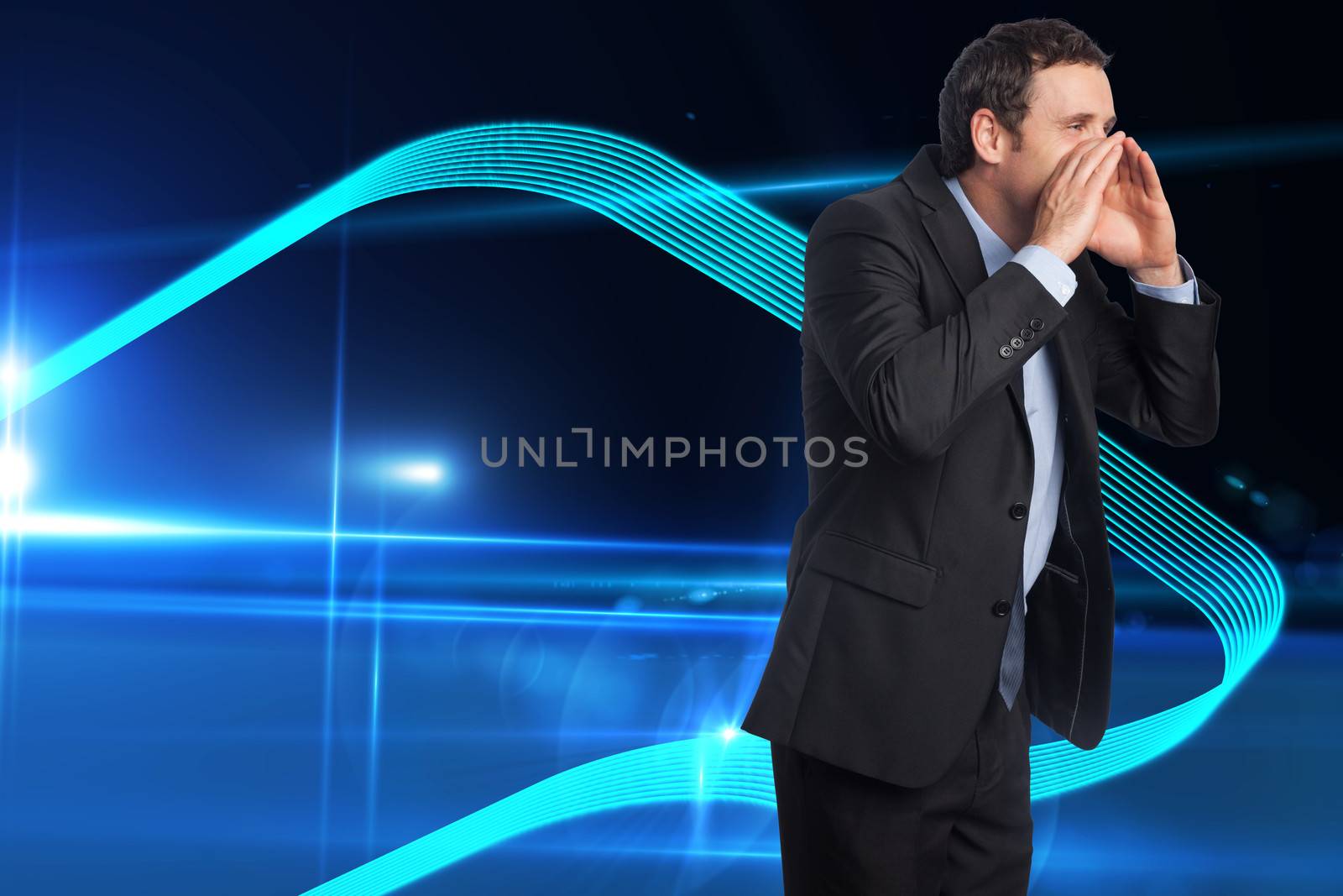 Shouting businessman against abstract technology background