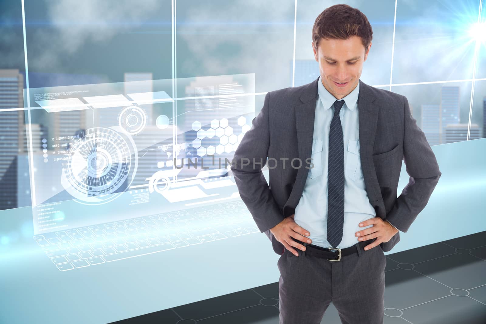 Composite image of cheerful businessman standing with hands on hips by Wavebreakmedia