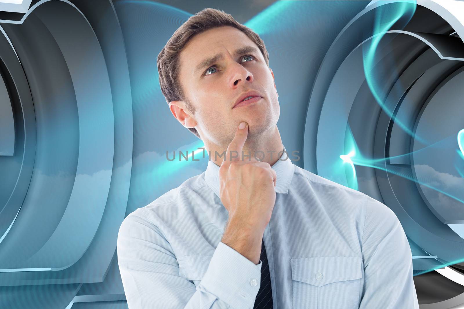 Thinking businessman with finger on chin against abstract blue wave design