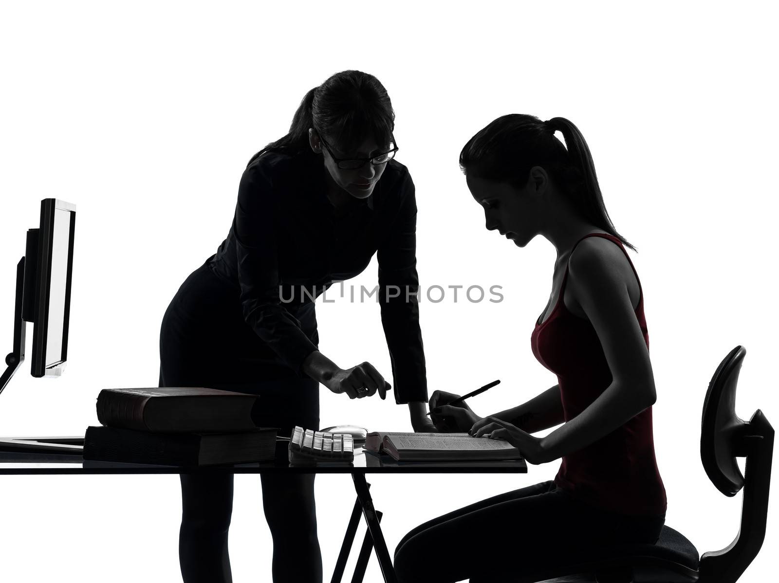one caucasian teacher woman mother teenager girl studying in silhouette studio isolated on white background
