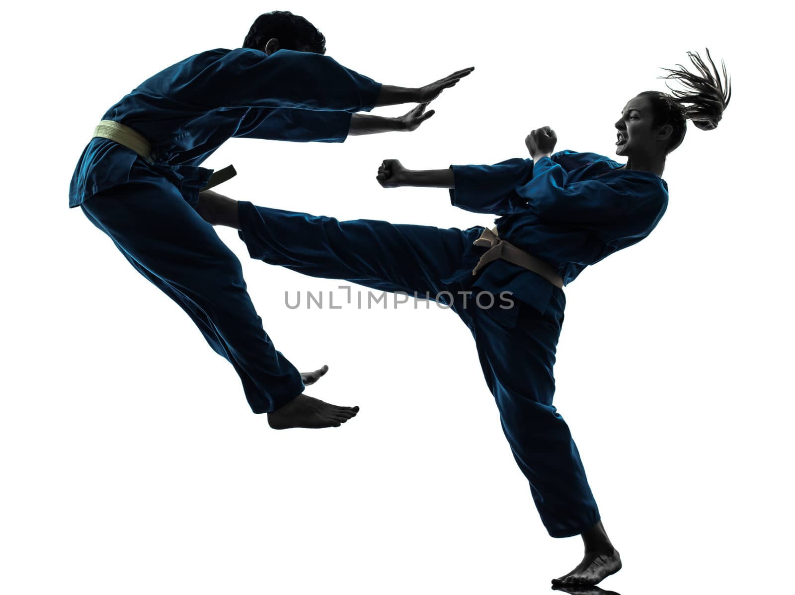 one man woman couple exercising karate vietvodao martial arts in silhouette studio isolated on white background