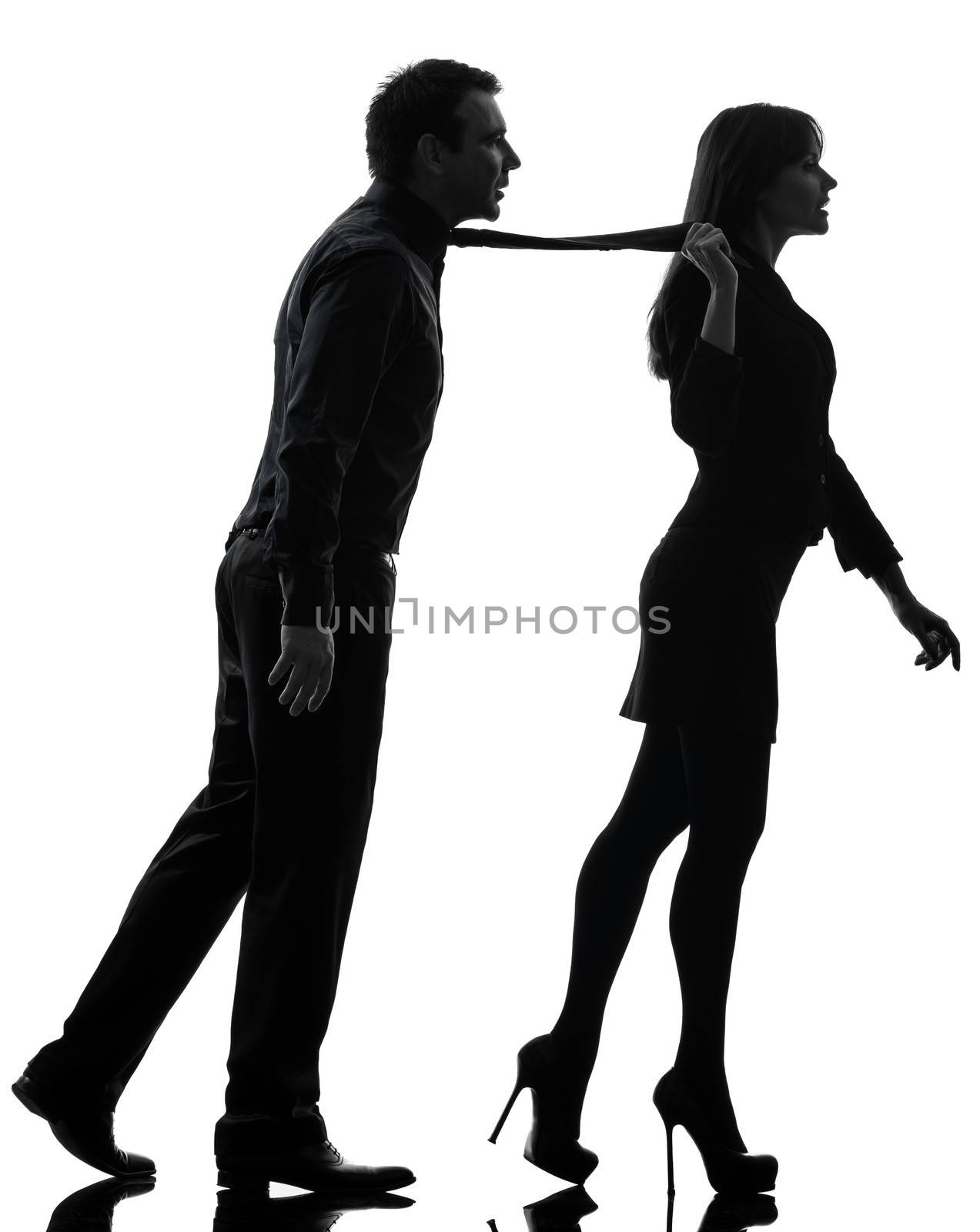 one caucasian couple woman seductress bonding concept in silhouette studio isolated on white background