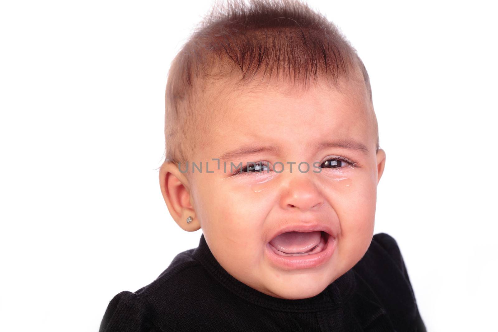 beautiful baby crying isolated on white