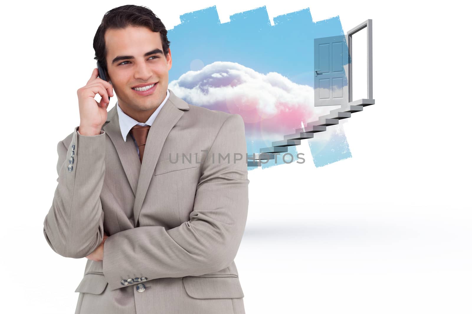 Smiling salesman on his cellphone against abstract screen in room showing cloudy sky