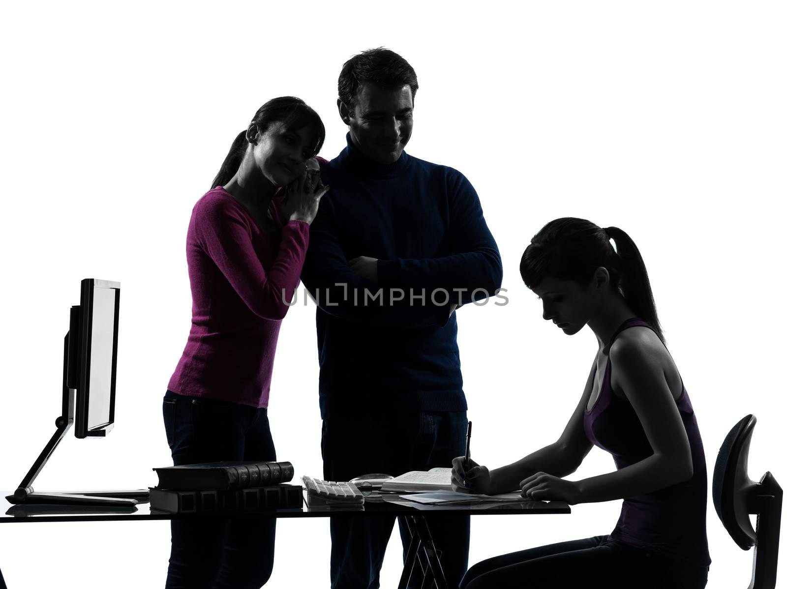 one caucasian family father mother proud satisfaction daughter  homework in silhouette studio isolated on white background