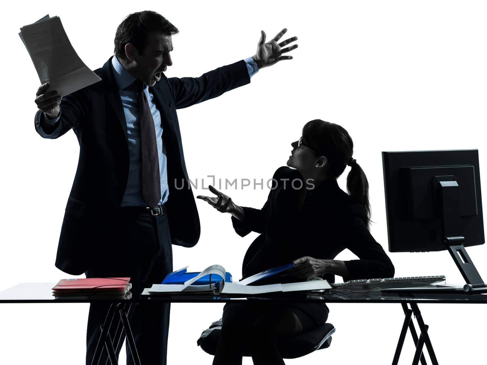 one caucasian business woman man couple dispute conflict in silhouette studio isolated on white background