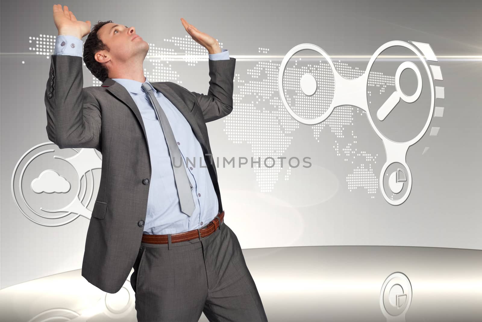 Composite image of businessman standing with arms pressing up by Wavebreakmedia