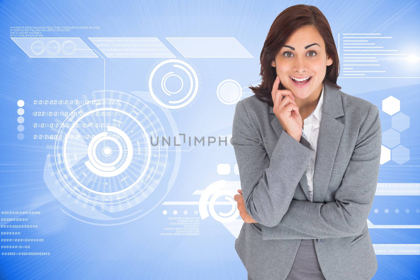 Smiling thoughtful businesswoman against futuristic technology interface