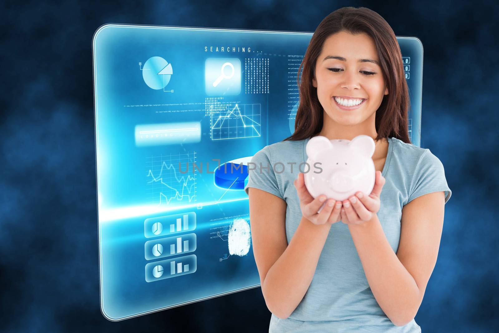 Composite image of attractive woman posing with a piggy bank by Wavebreakmedia