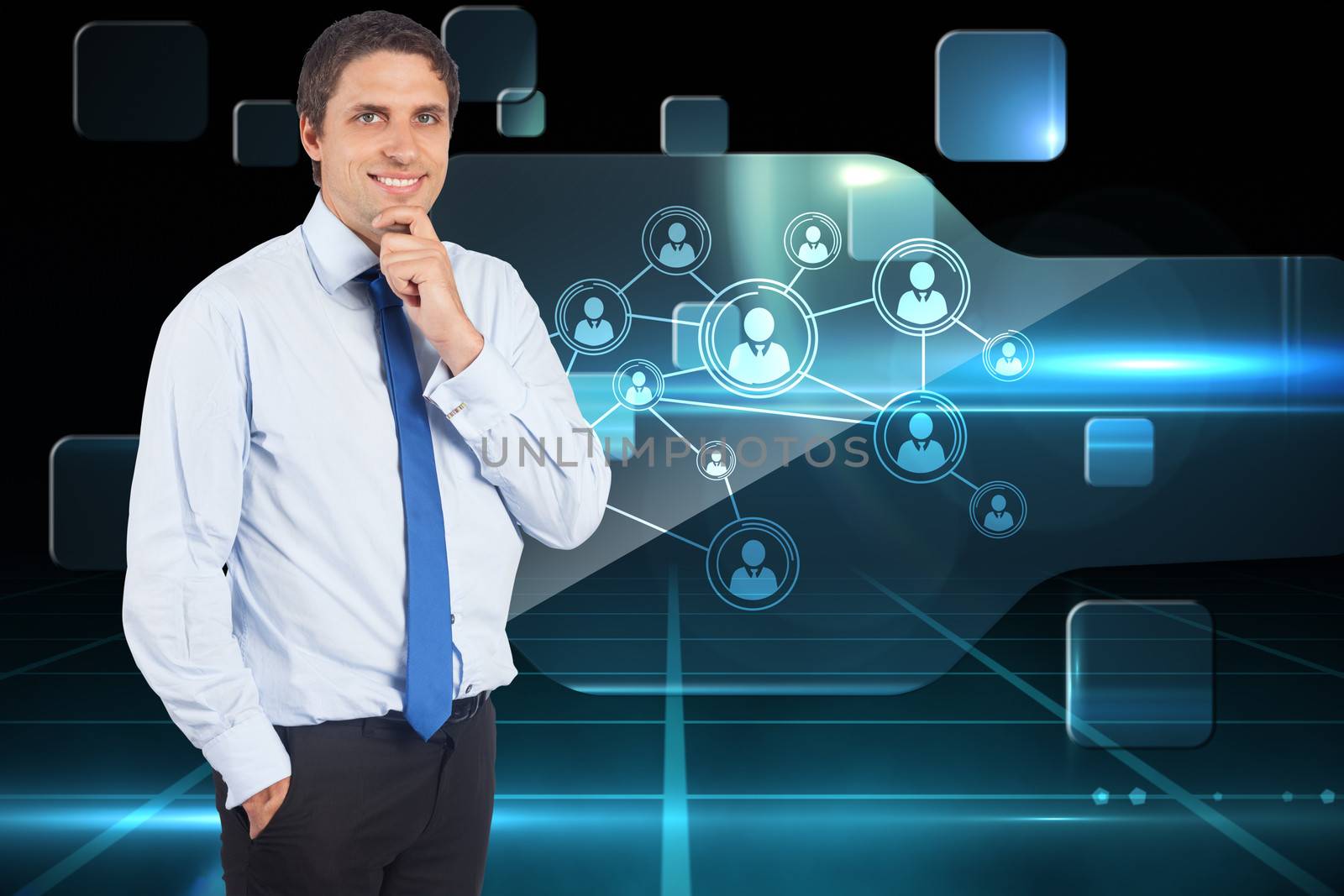 Thinking businessman touching his chin against futuristic technology interface