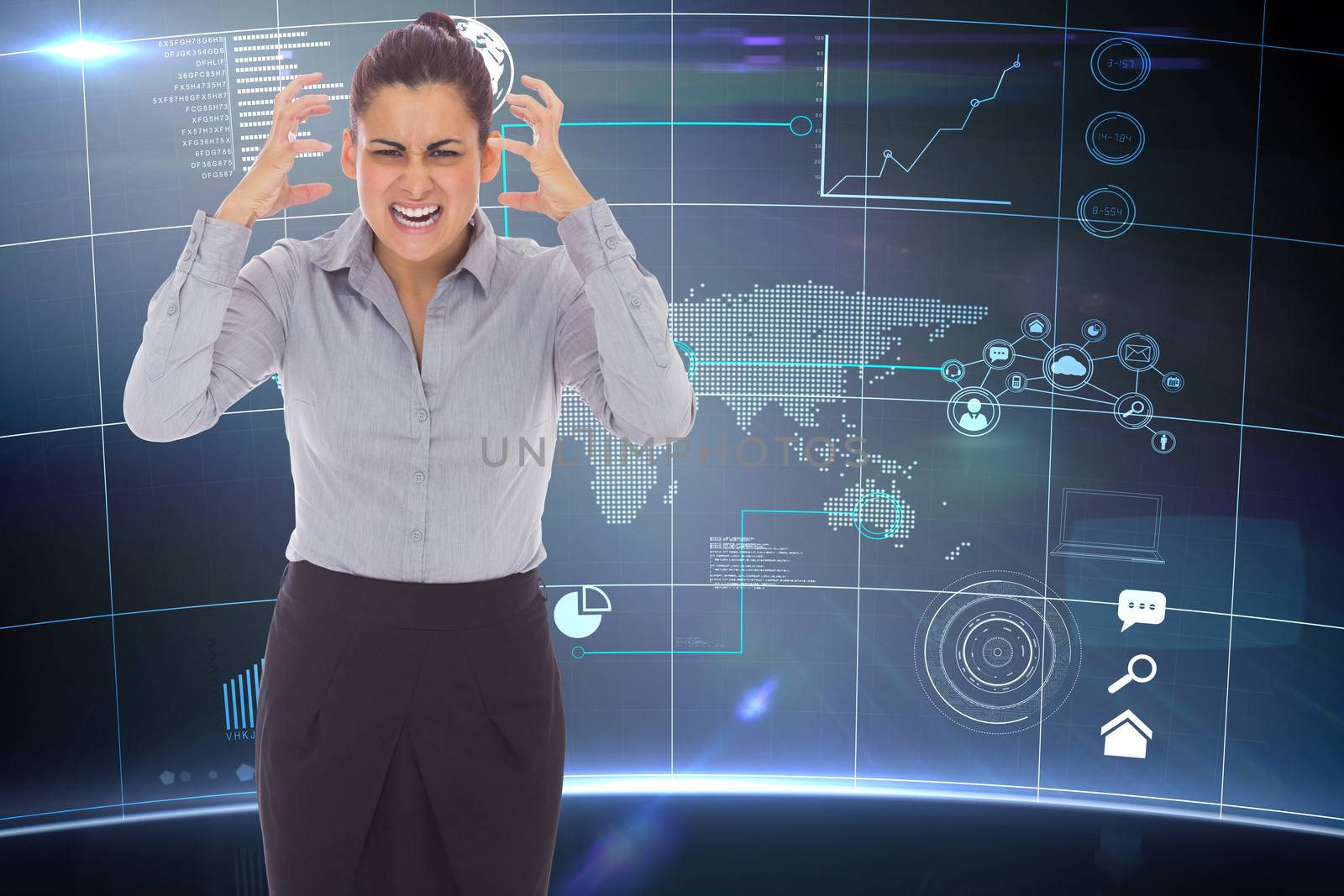 Frustrated businesswoman shouting against futuristic technology interface