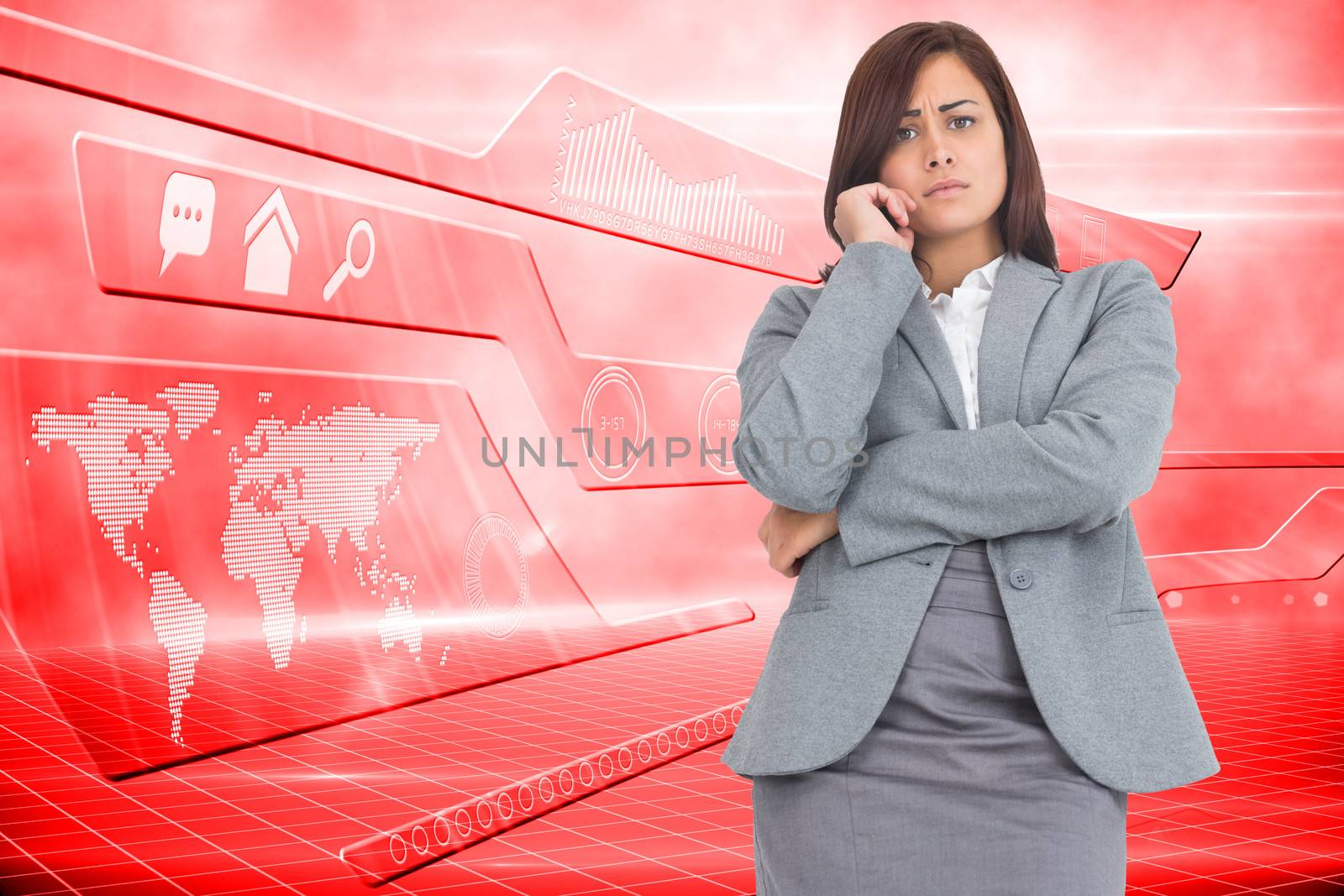 Worried businesswoman against futuristic technology interface
