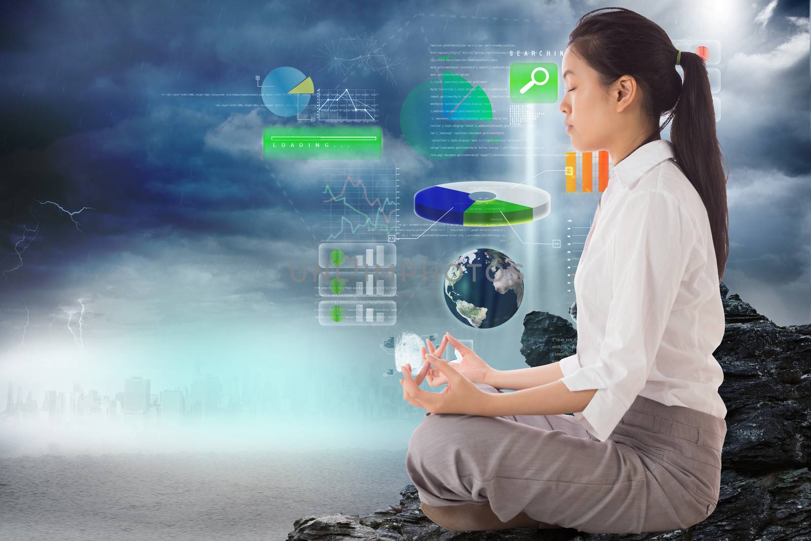 Businesswoman sitting in lotus pose against global technology background