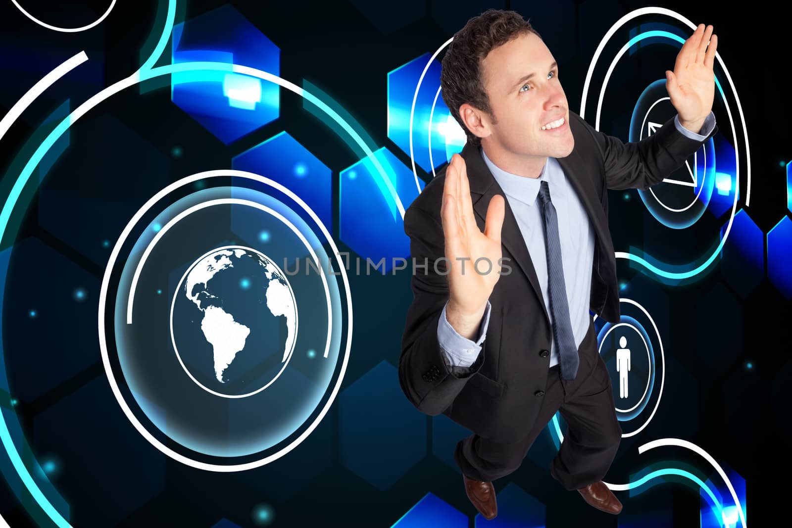 Composite image of businessman posing with arms raised by Wavebreakmedia
