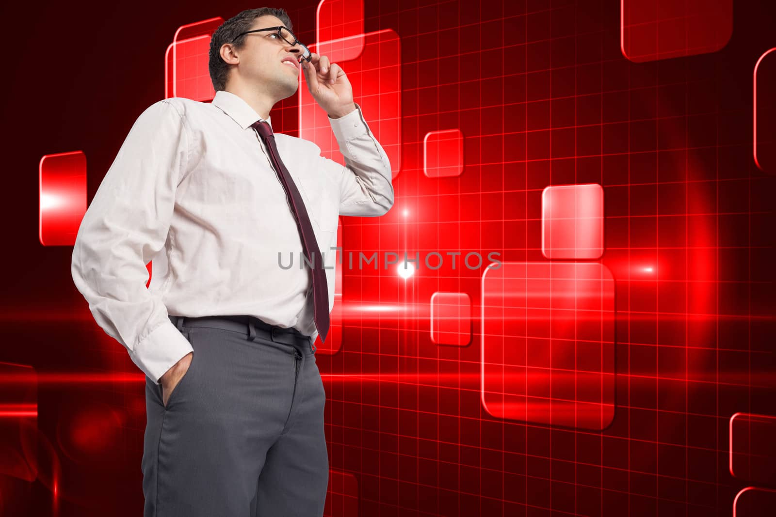 Composite image of thinking businessman touching his glasses by Wavebreakmedia