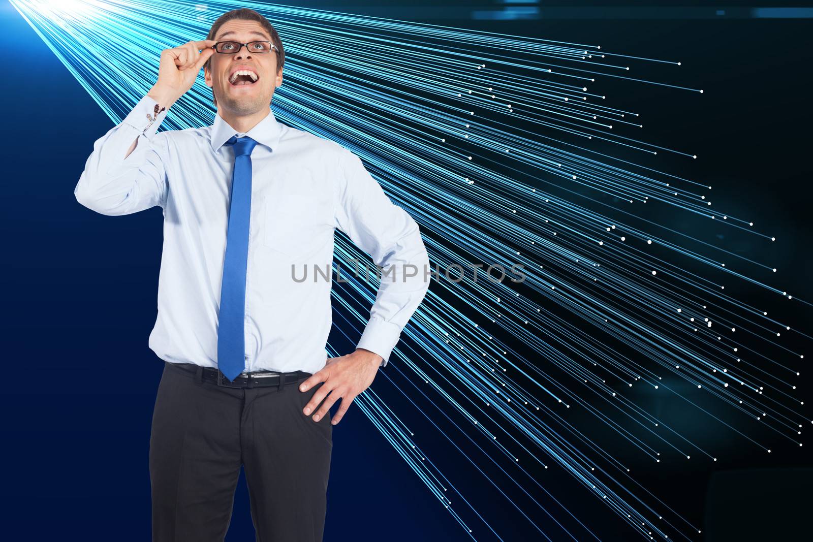 Thinking businessman tilting glasses against abstract technology background