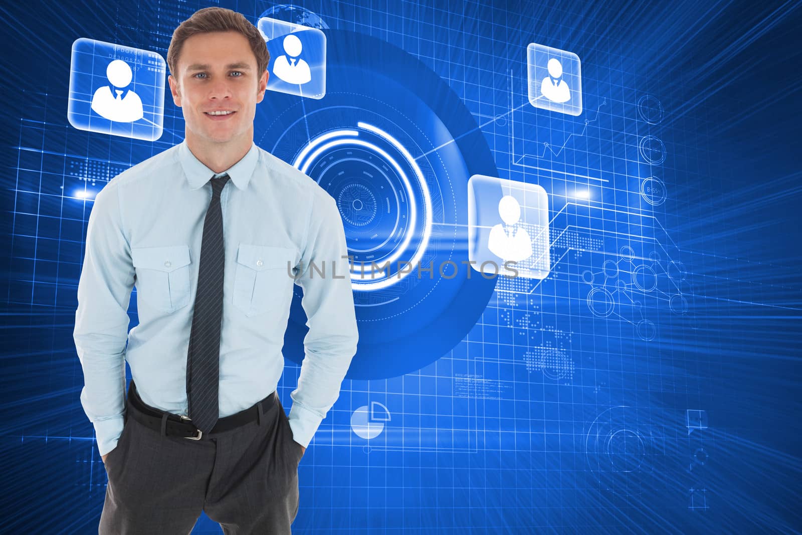 Happy businessman standing with hands in pockets against futuristic technology interface