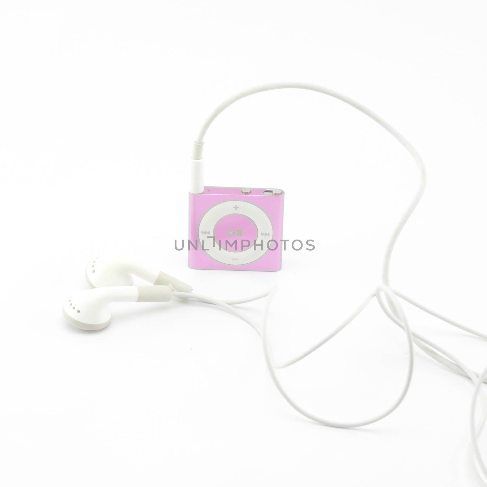 pink mp3 player with earphone isolated on white by ammza12
