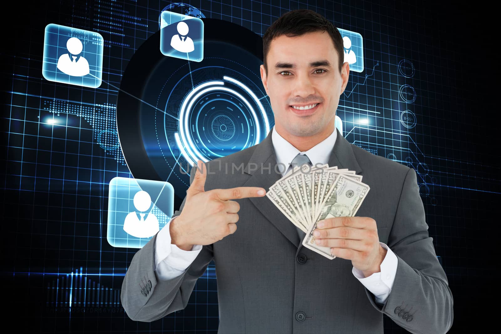 Composite image of businessman pointing at bank notes in his hand by Wavebreakmedia