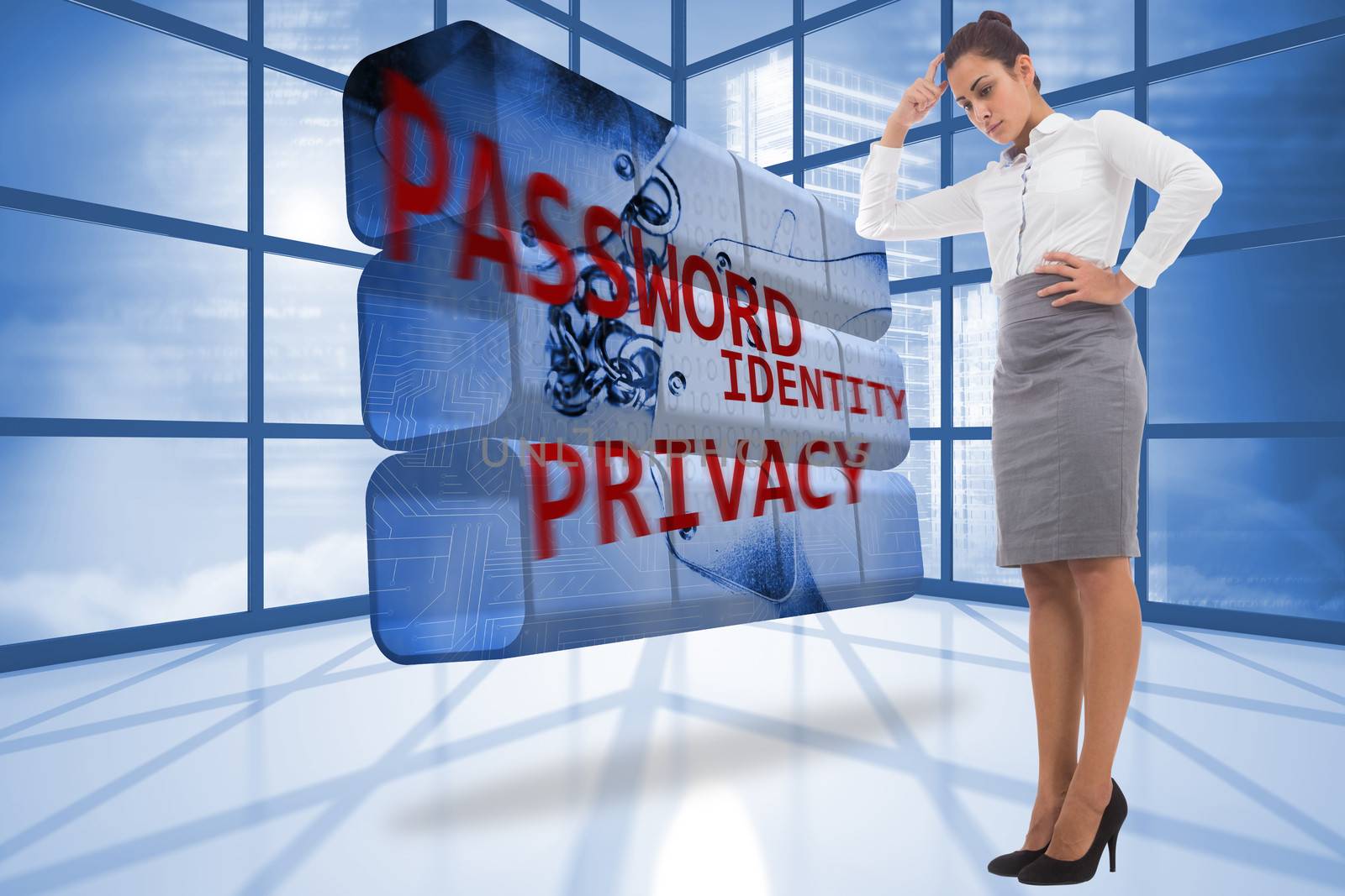 Focused businesswoman against privacy graphic on abstract screen in room