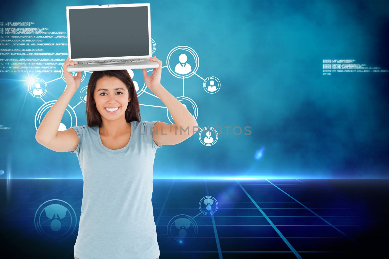Composite image of gorgeous woman posing with her laptop by Wavebreakmedia