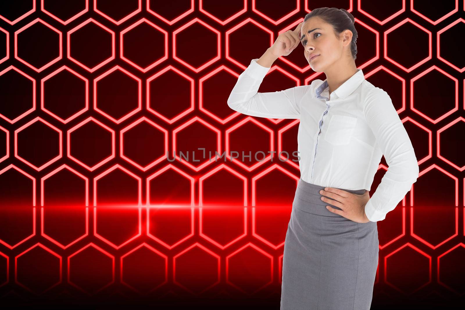 Worried businesswoman against abstract technology background