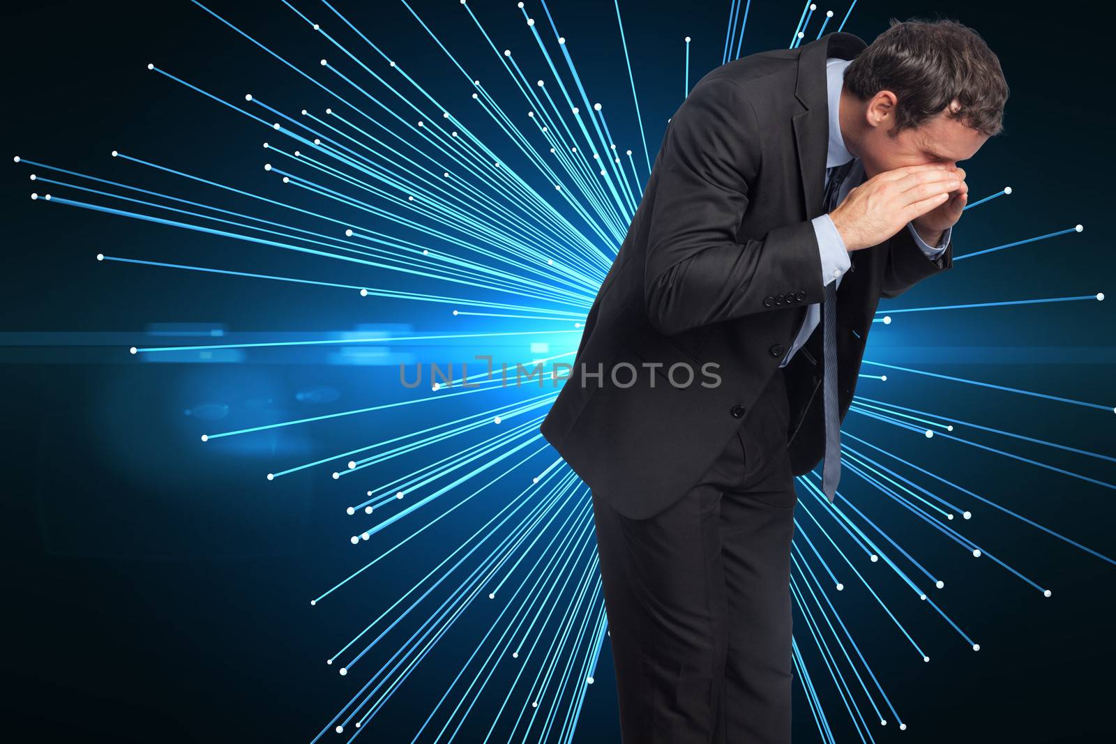 Shouting businessman against abstract technology background