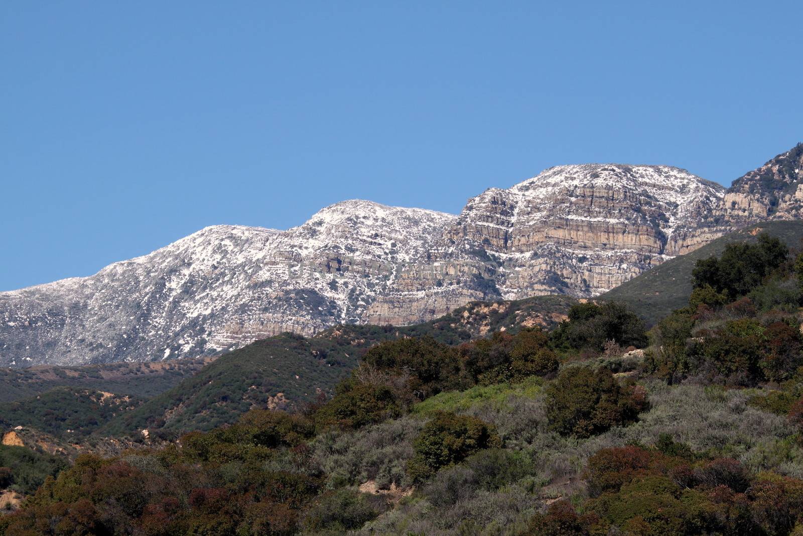 Topa Topa mountains with snow near Ojai, California.
