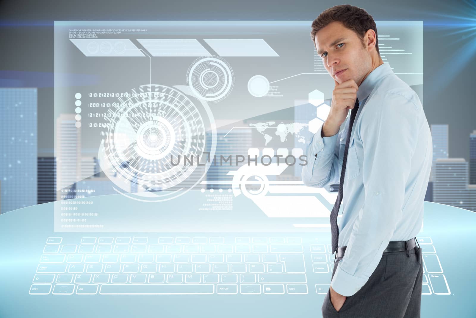 Thoughtful businessman with hand on chin against futuristic technology interface