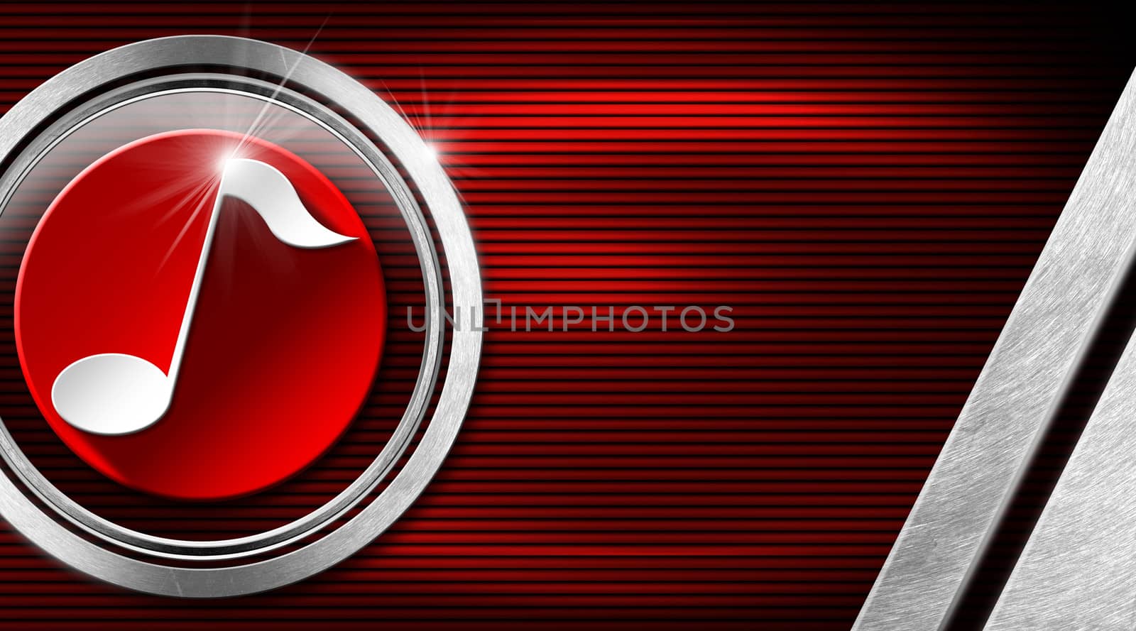 Red and black corrugated background with white musical note, metal and red circle and stripes - business card music