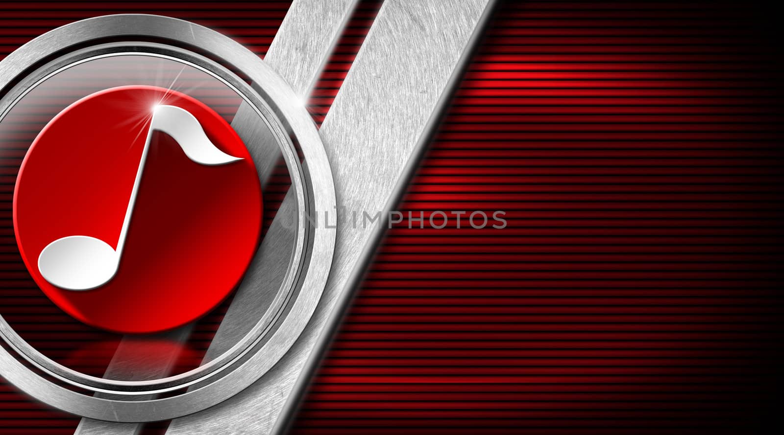 Red and black corrugated background with white musical note, metal and red circle and stripes - business card music