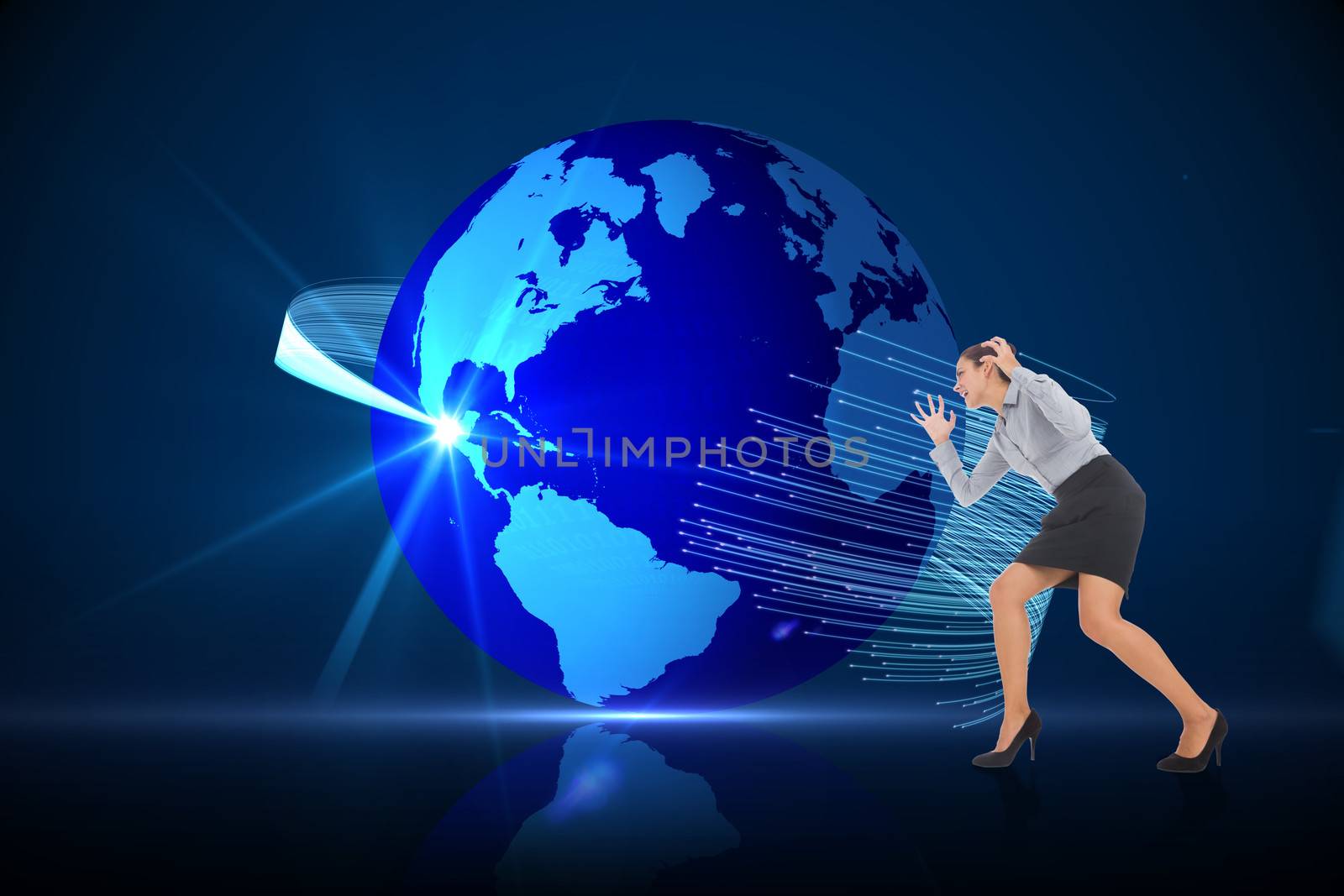 Furious businesswoman gesturing against global technology background