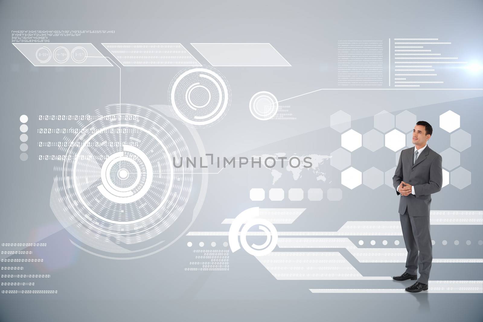 Businessman with hands folded against futuristic technology interface