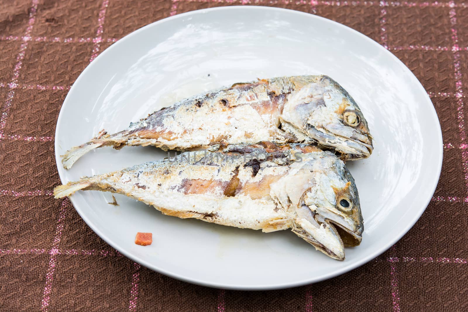 Two Fried Mackerel in plate on table