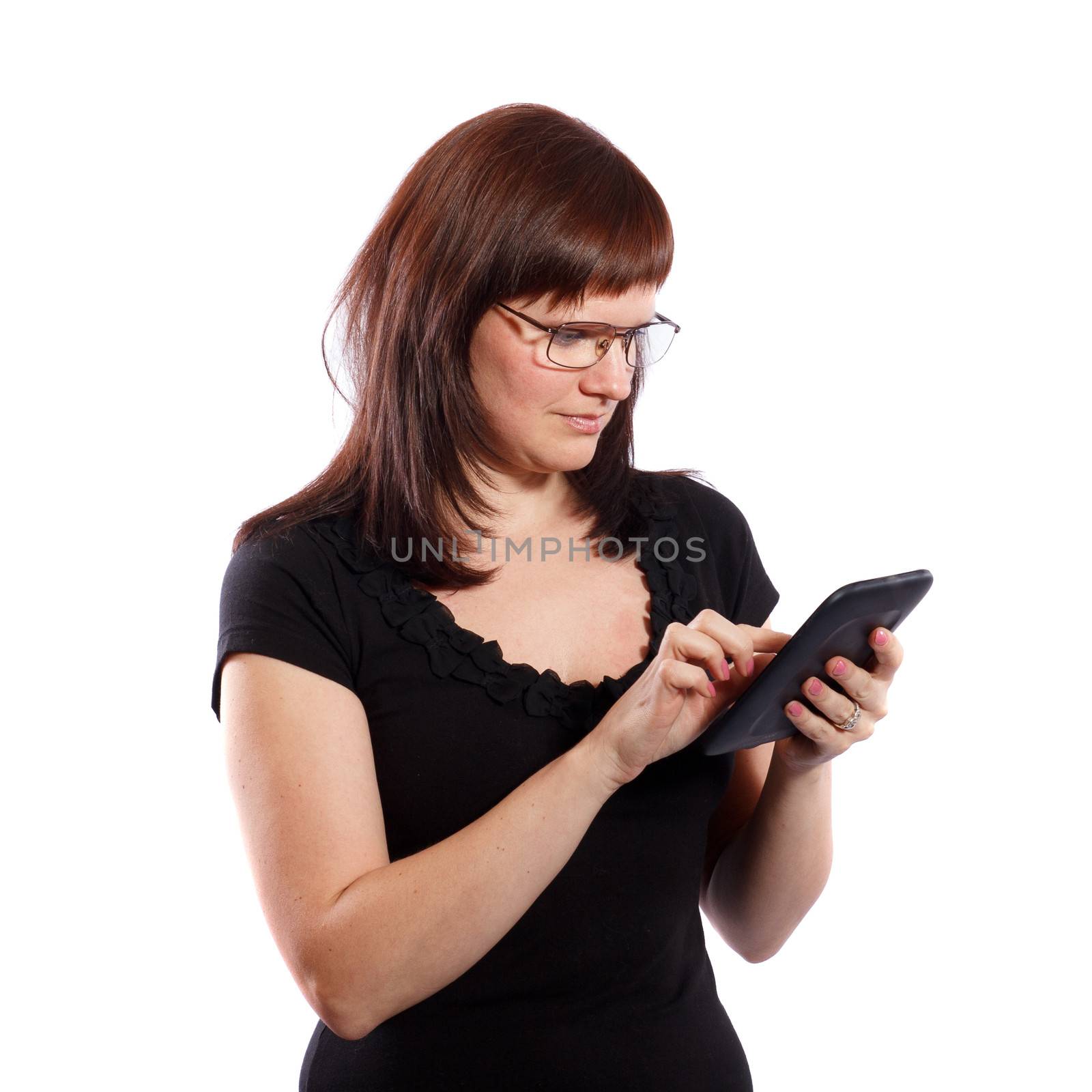 woman with glasses working with the touch screen computer on a white background