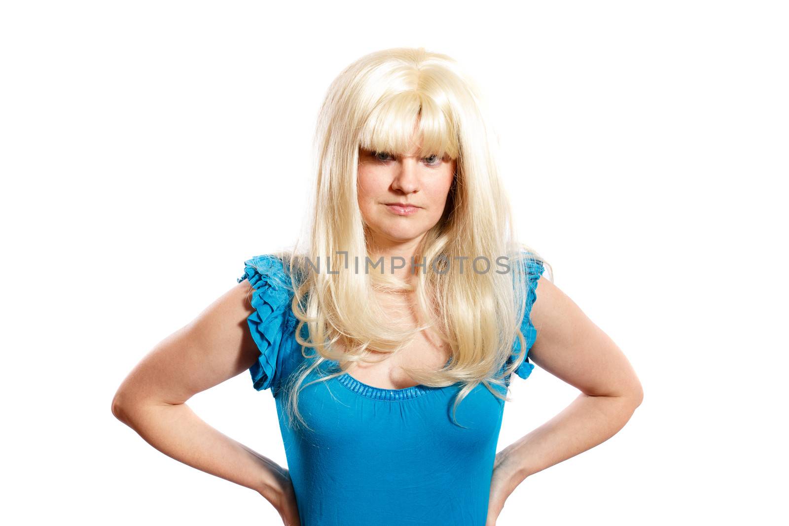 woman with a blond wig on a white background