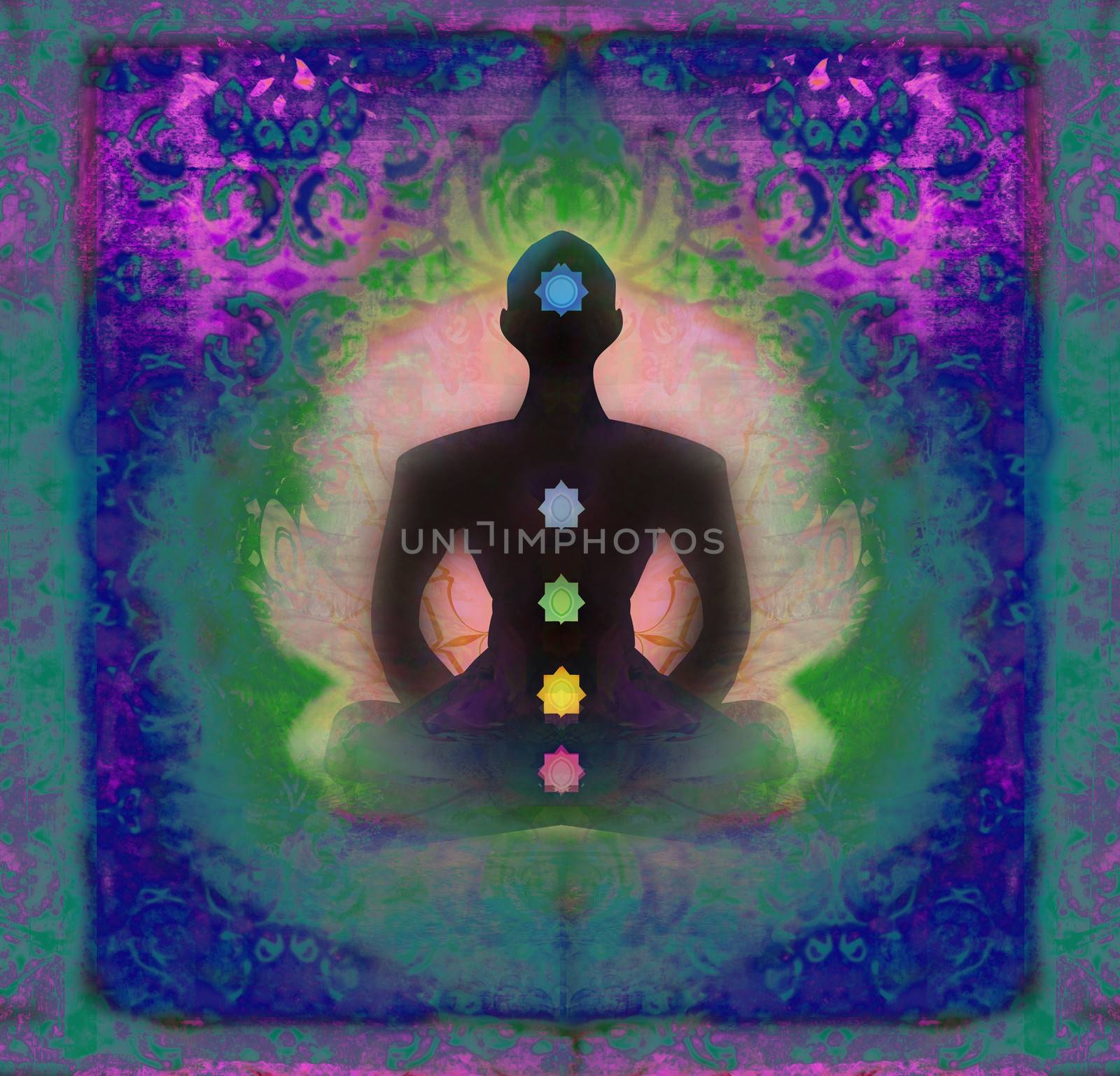 Yoga lotus pose. Padmasana with colored chakra points.