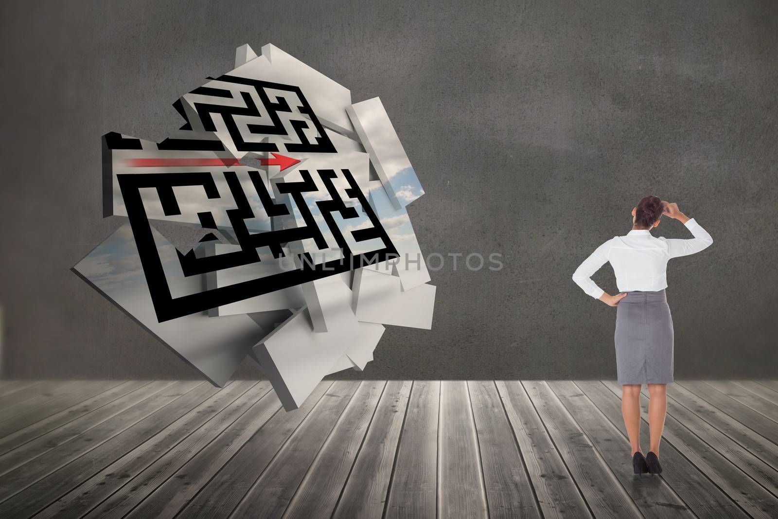 Businesswoman scratching her head against maze graphic on abstract screen in room