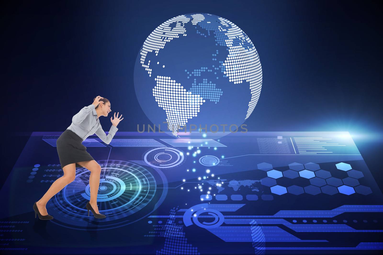 Furious businesswoman gesturing against futuristic technology interface