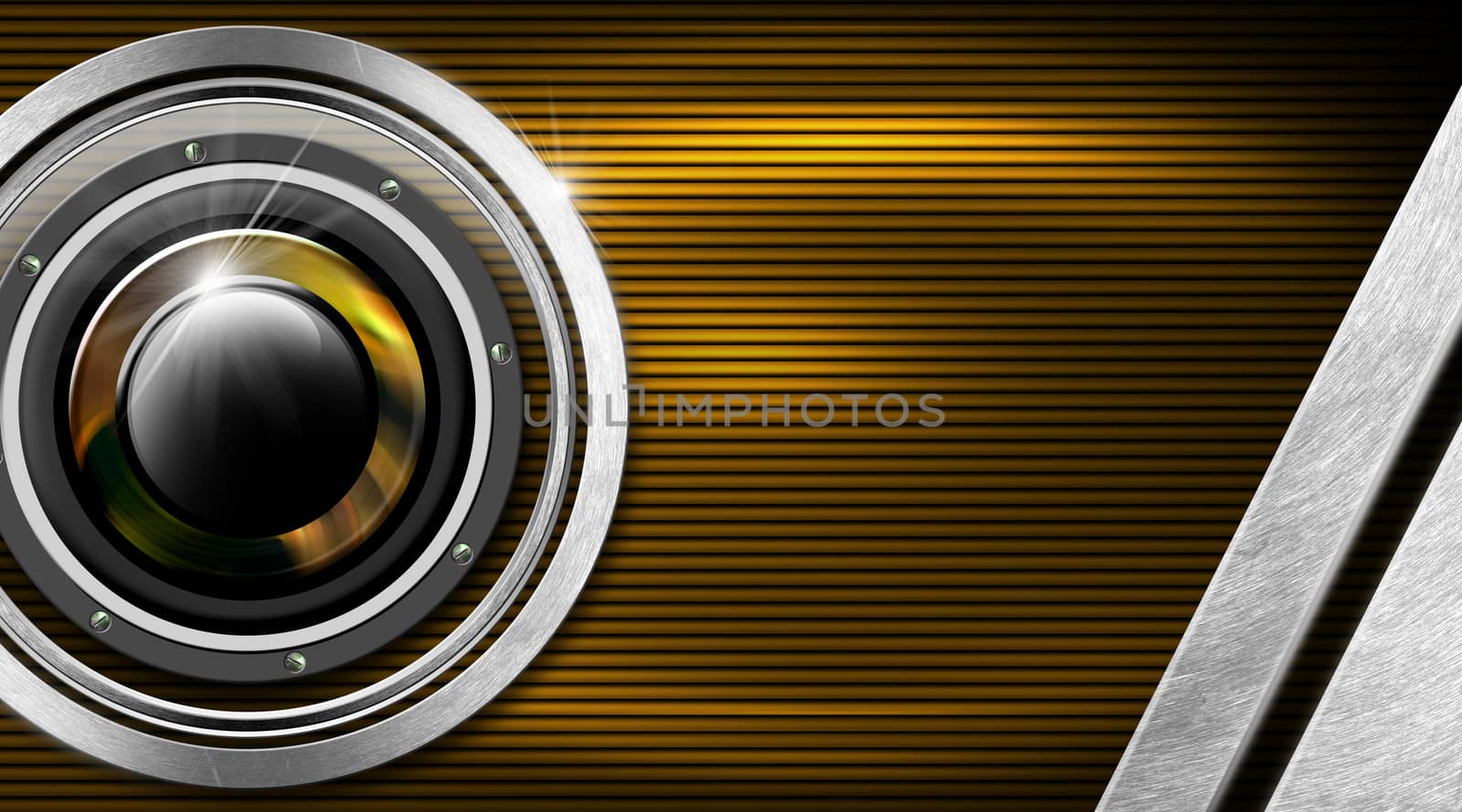 Orange and black corrugated background with woofer, metal circle and stripes