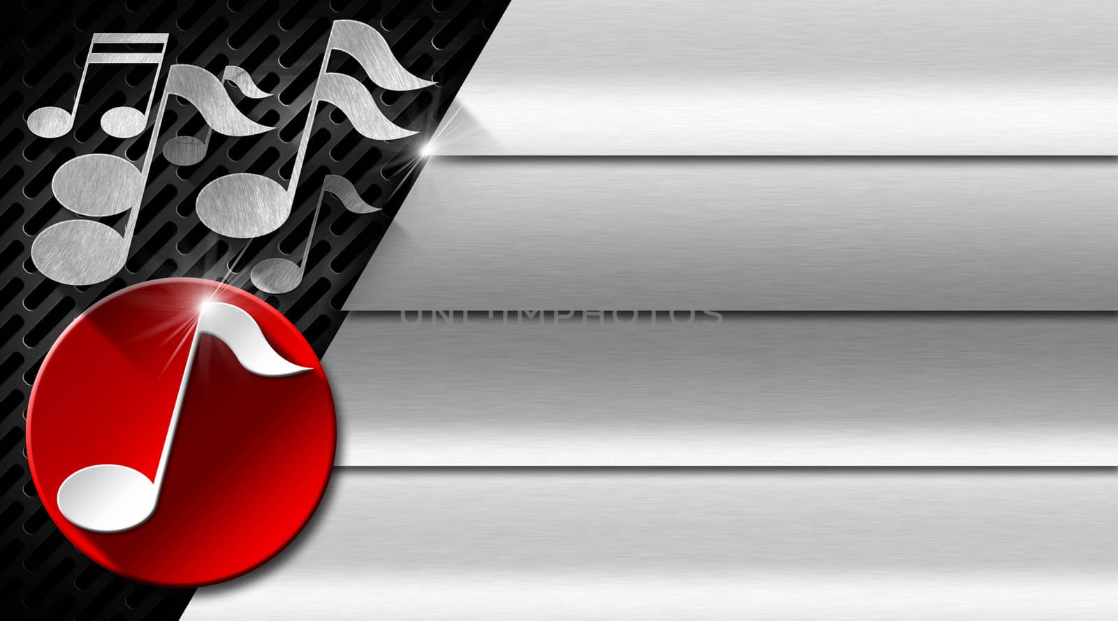 Background with dark grid, red circle, metal stripes and musical notes - business card music

