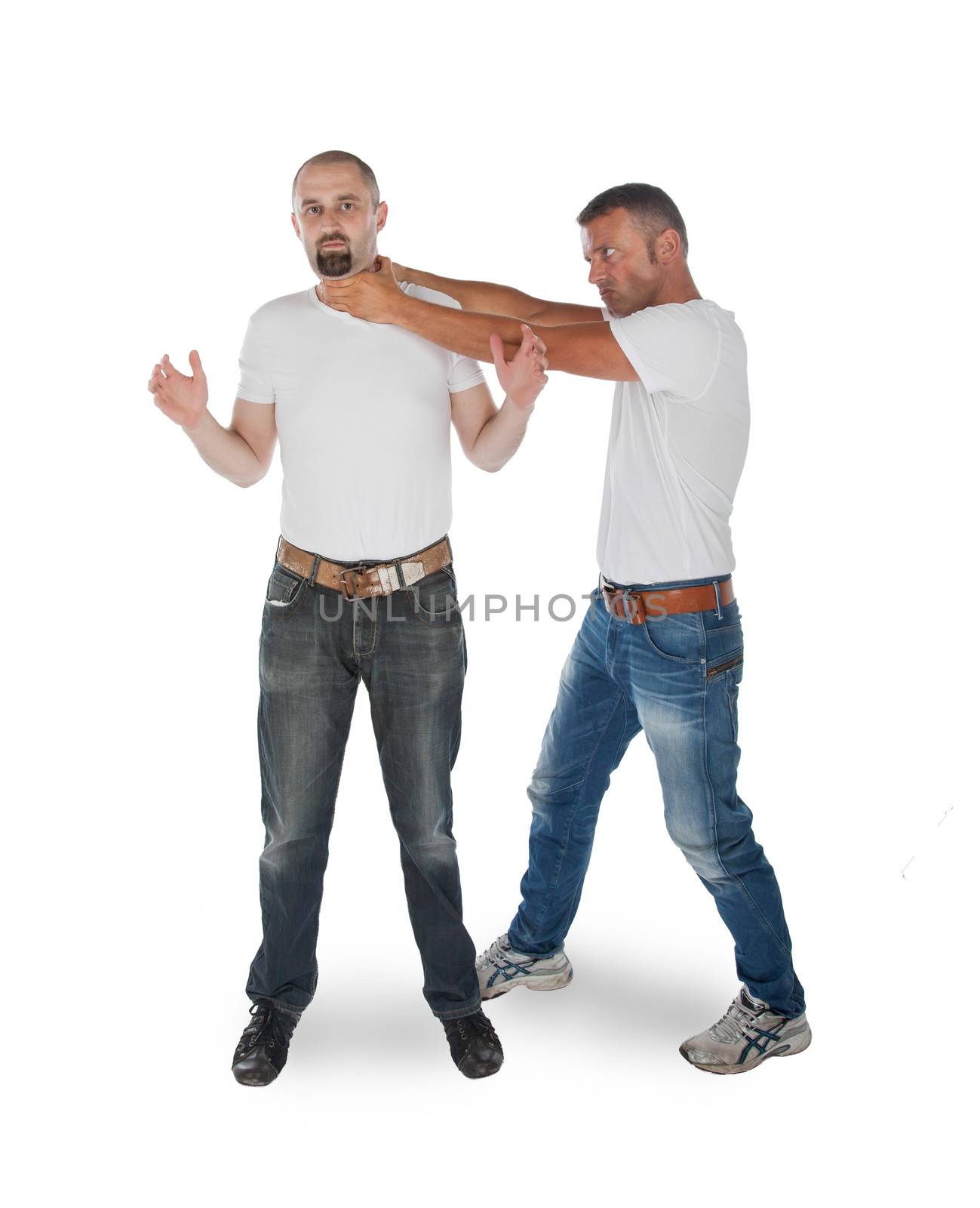 Man choking other man, isolated on white