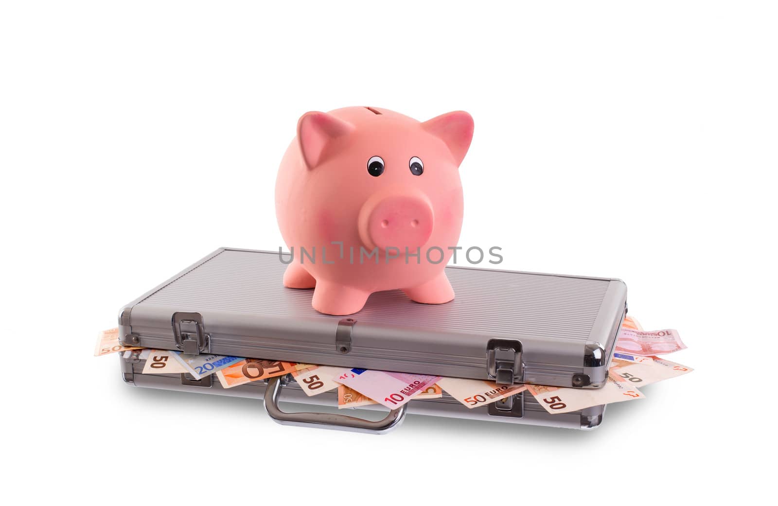 Unique pink ceramic piggy bank on top of metal case filled with money