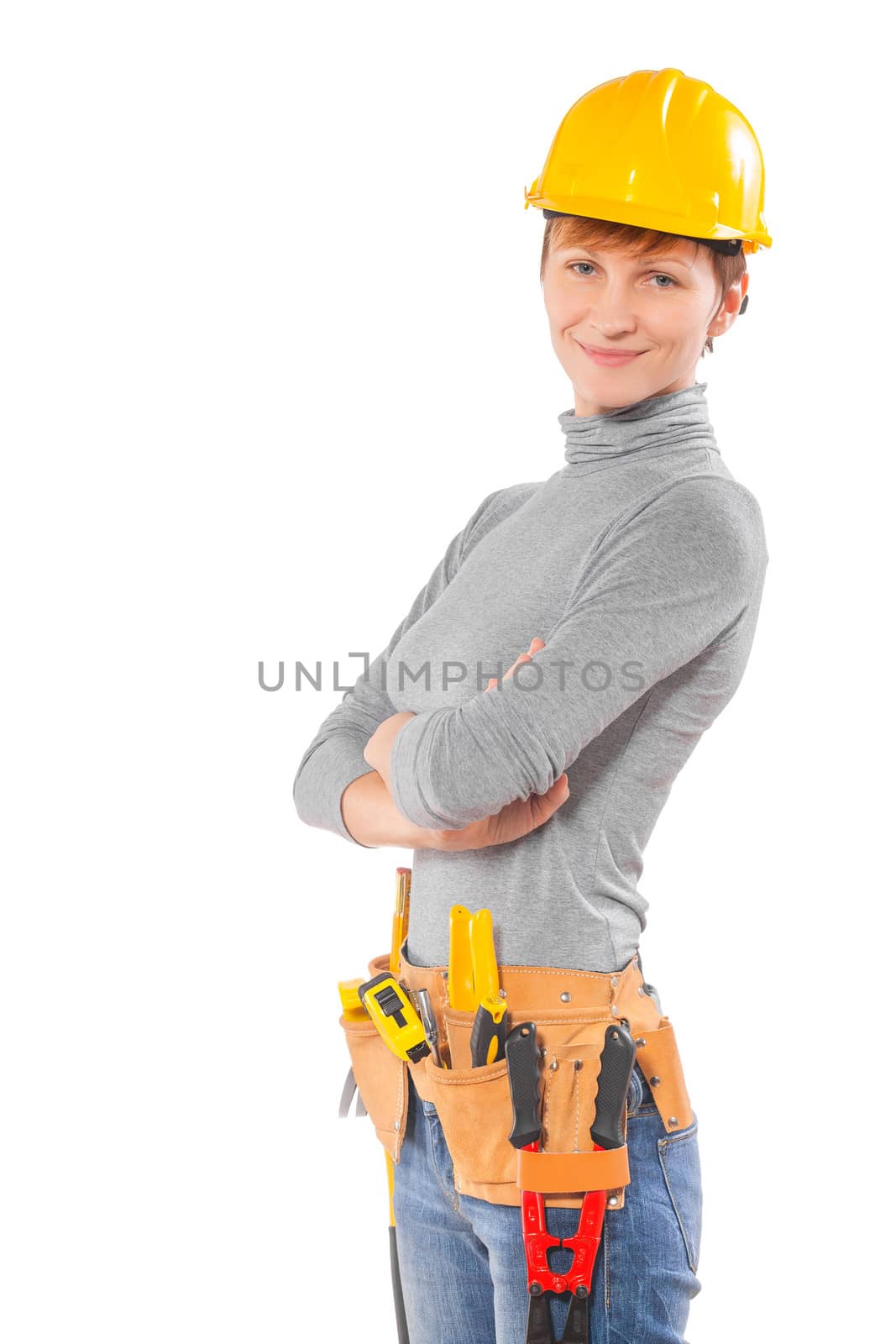 female worker wearing working clothes with tools isolated on white