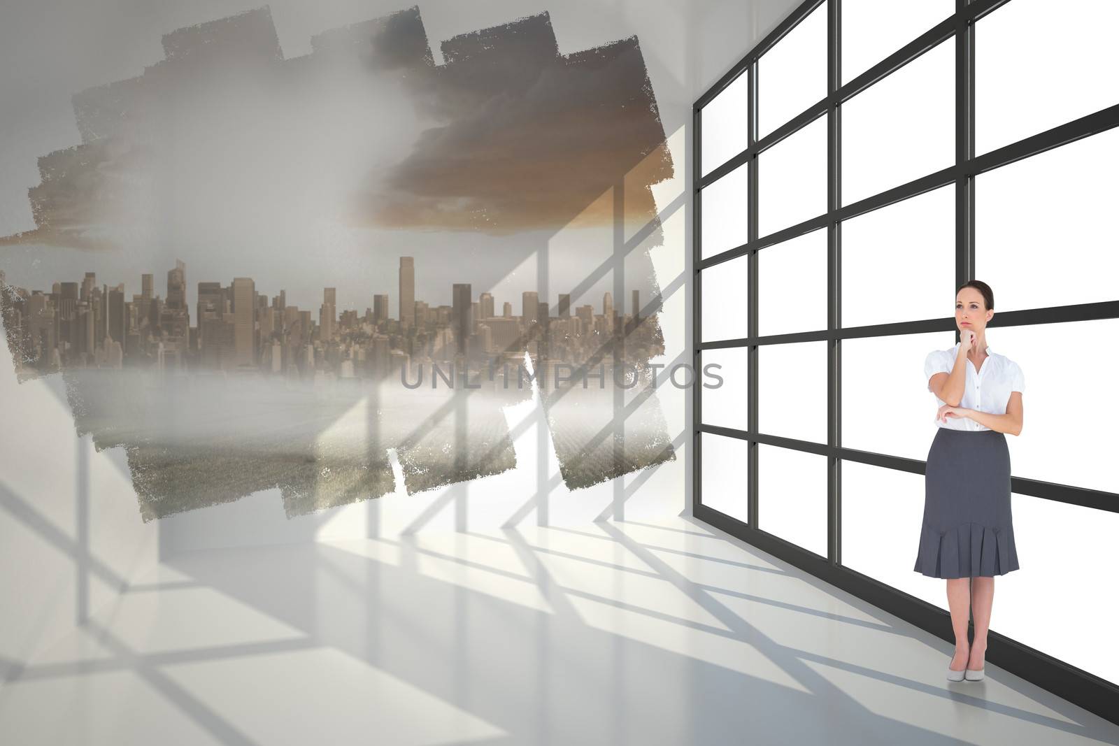 Pensive elegant businesswoman posing against abstract screen in room showing cityscape