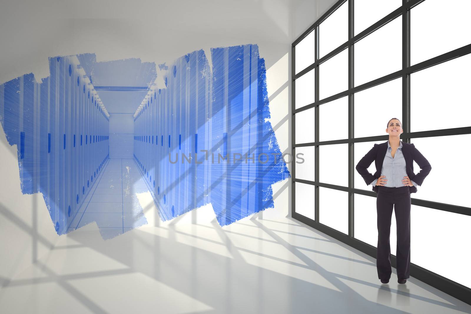 Happy businesswoman against abstract screen in room showing