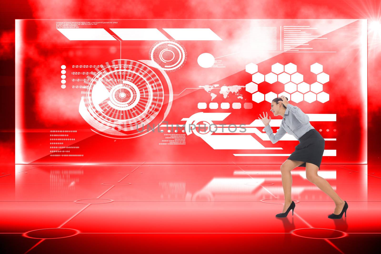 Furious businesswoman gesturing against futuristic technology interface